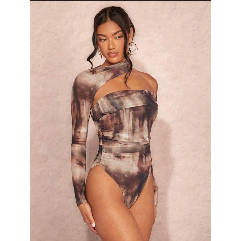 SHEIN BAE Women's Summer Tie Dye Printed Asymmetrical Collar Ruched Slim Fit Bod